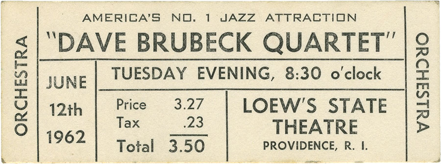 Dave Brubeck Quartet concert ticket, June 12, 1962