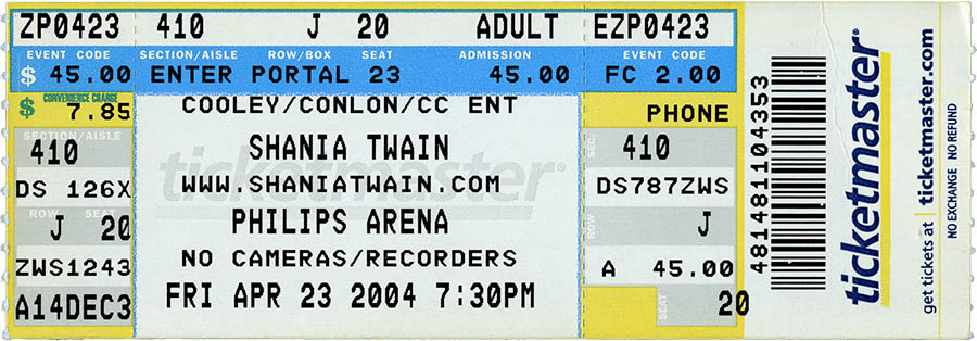 Shania Twain concert ticket, April 23, 2004