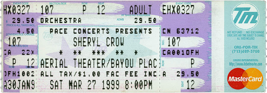 Sheryl Crow concert ticket, March 27, 1999