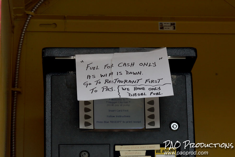 Gas station pump in the Yukon Territory with cash only and diesel fuel only notice