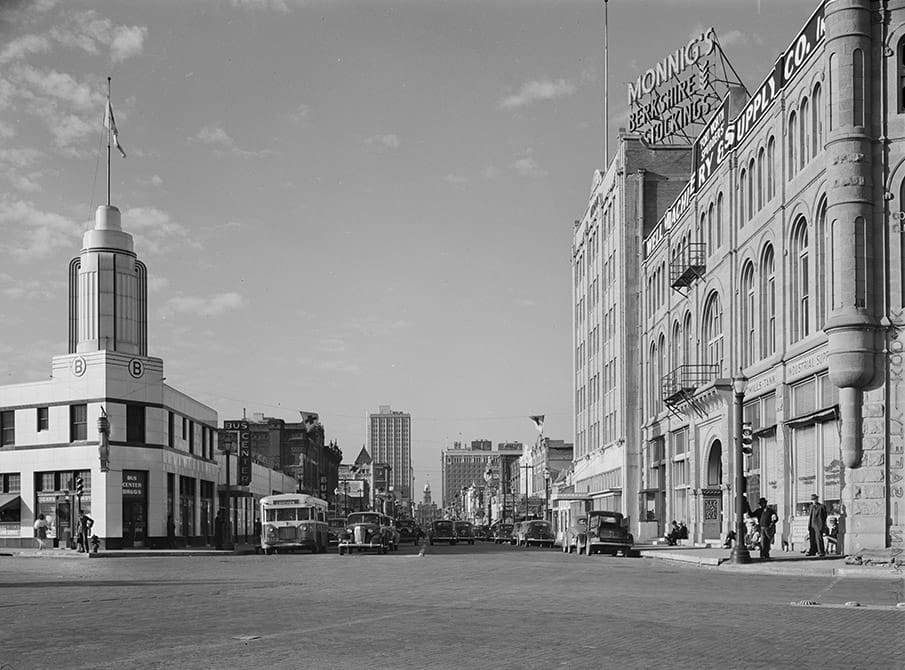Facing north on Main Street at Lancaster, 1942.  Photo by Arthur Rothstein.