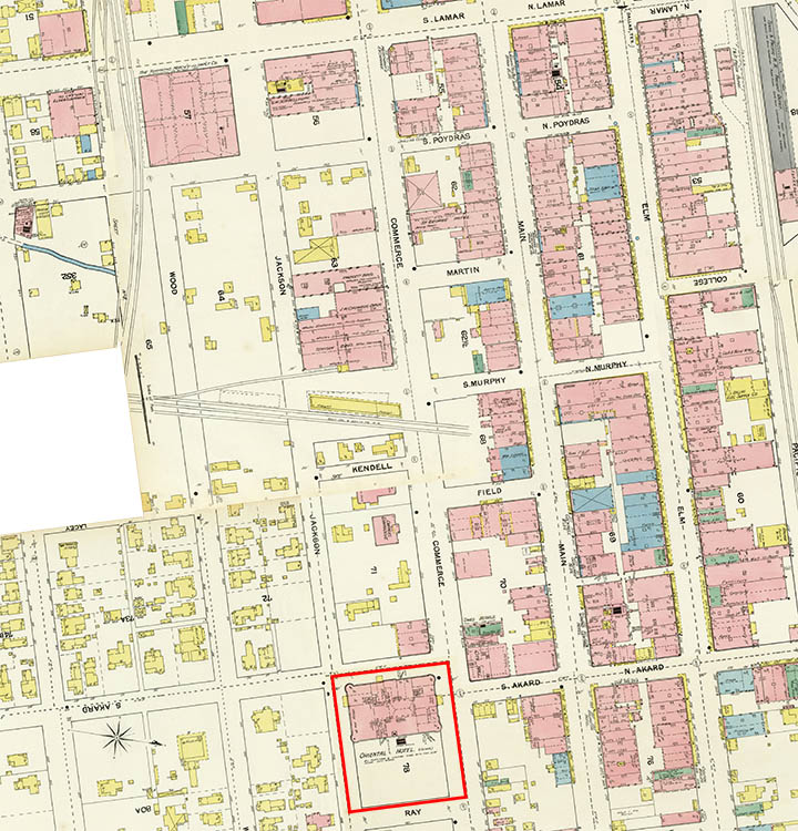 Composite of 1892 Sanborn maps, rotated, showing the Oriental Hotel