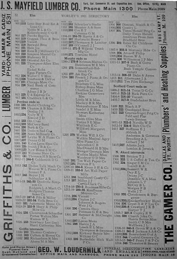 Page from 1911 Worley's Dallas City Street Directory