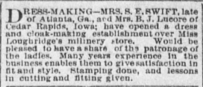 Advertisement for Swift and Lucore, December 1884