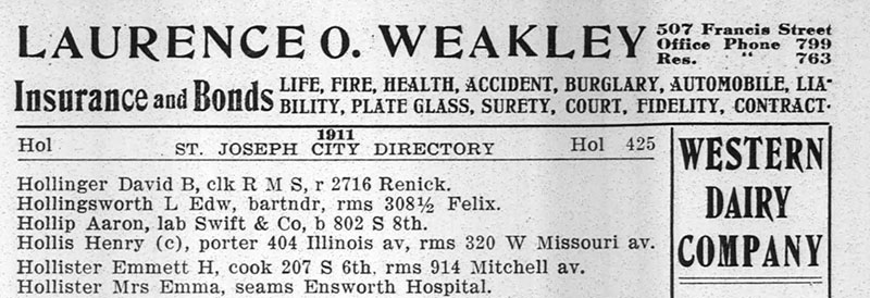 1911 St. Joseph, Missouri city directory listing for Emma Hollister