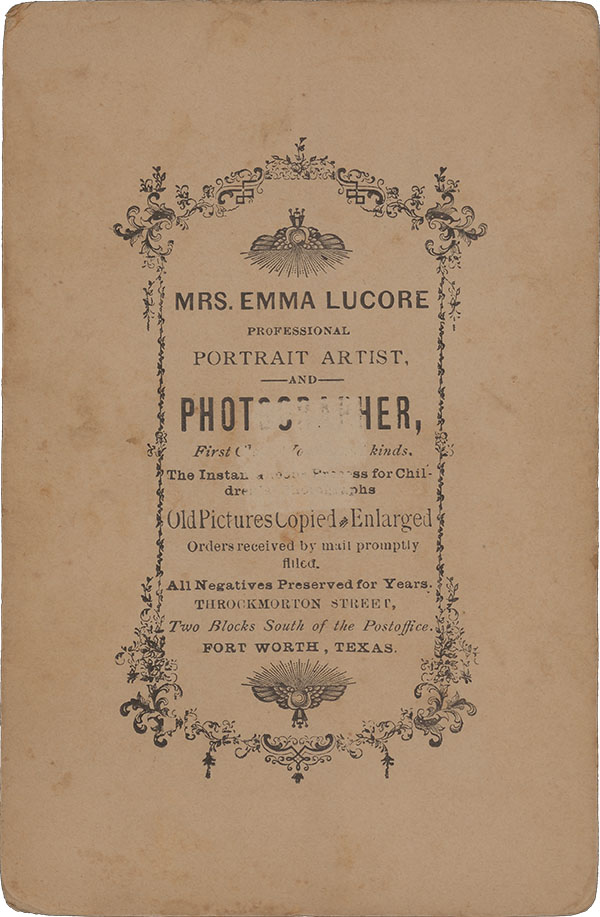 Mrs. Emma Lucore cabinet card, Throckmorton Street (verso)