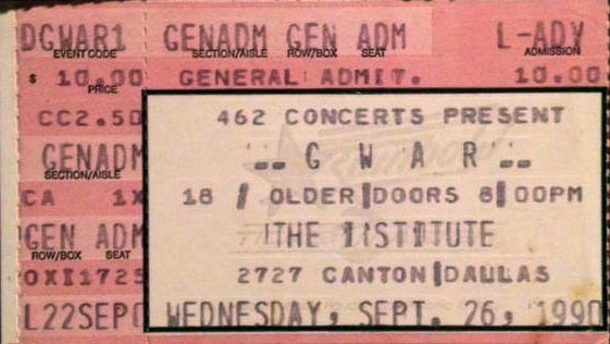 ticket stub for GWAR at The Institute, 1990