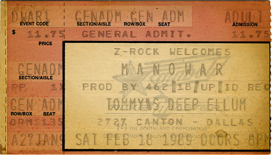 ticket stub for Manowar at Tommy's Deep Ellum, 1989