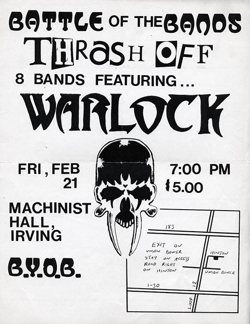 Flyer for Warlock and seven other bands at Machinist Hall