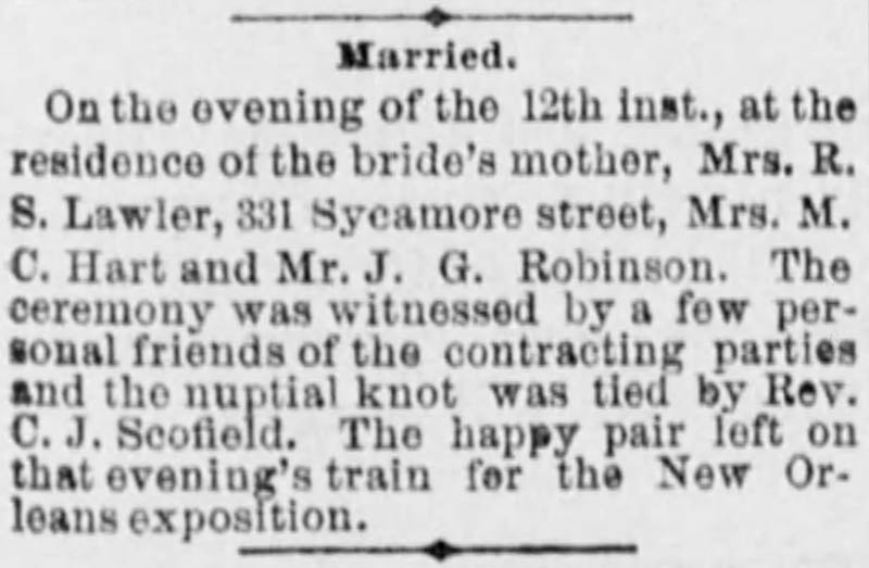 J.G. Robinson wedding announcement in Dallas Daily Herald, March 15, 1885