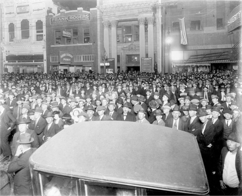 Crowd of people on Elm Street in downtown Dallas on Election Night.  Photo by Frank Rogers