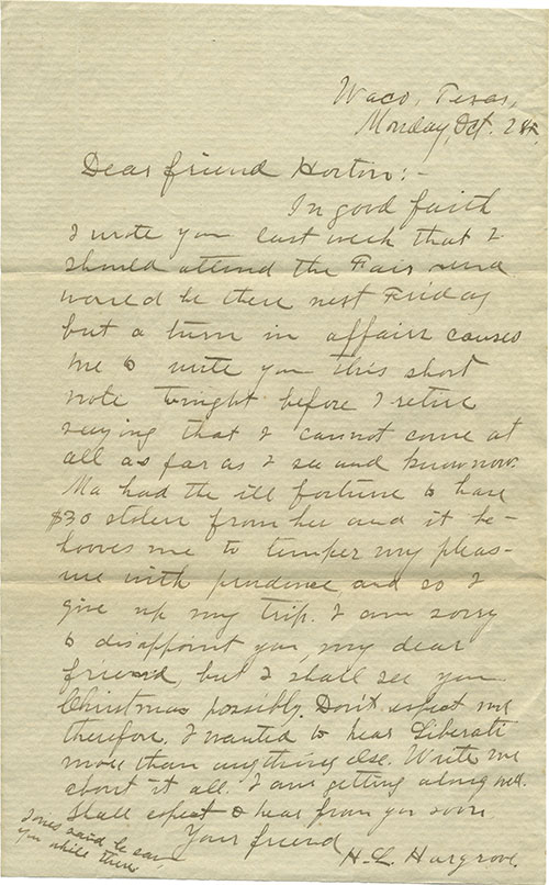 Letter from Henry L. Hargrove to M.F. Horton, 1892