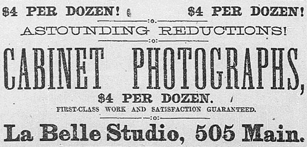 1886 advertisement for La Belle Studio at 505 MainStreet, Dallas