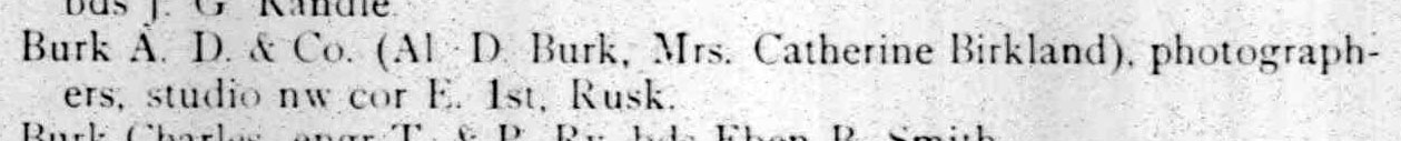 Listing for Al Burk-Catherine Birkland photo studio, Morrison & Fourmy's General Directory of the City of Fort Worth, 1888-89