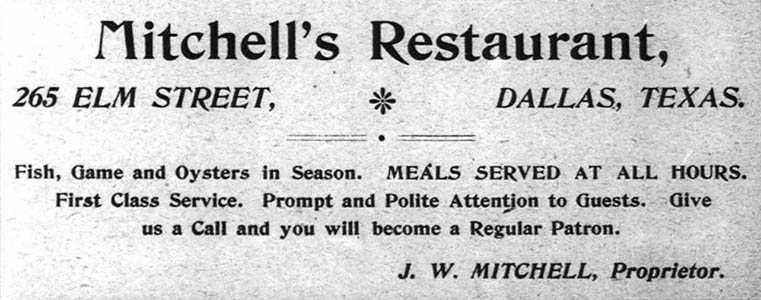 1896 advertisement for Mitchell's Restaurant at 265 Elm Street, Dallas