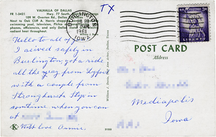 1961 Valhalla of Dallas postcard, address side