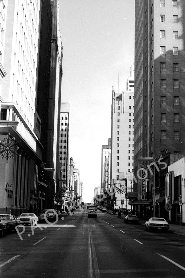 Main Street at Exchange Place facing east, 1960s, near the Adolphus Hotel