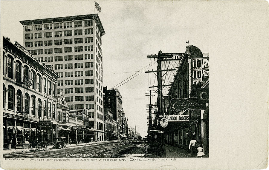 View down Main Street east of Akard Street in Dallas, circa 1909