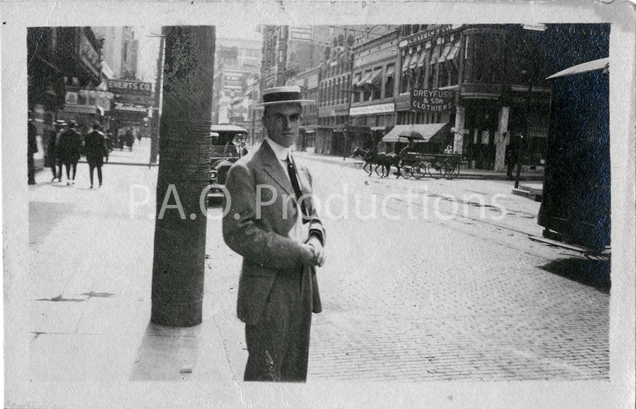 Bill Hatch in front of the Southland Hotel in Dallas, 1912