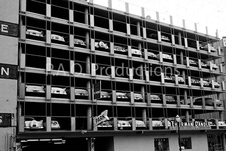 Parking garage at Pacific and Akard Streets in Downtown Dallas, 1956