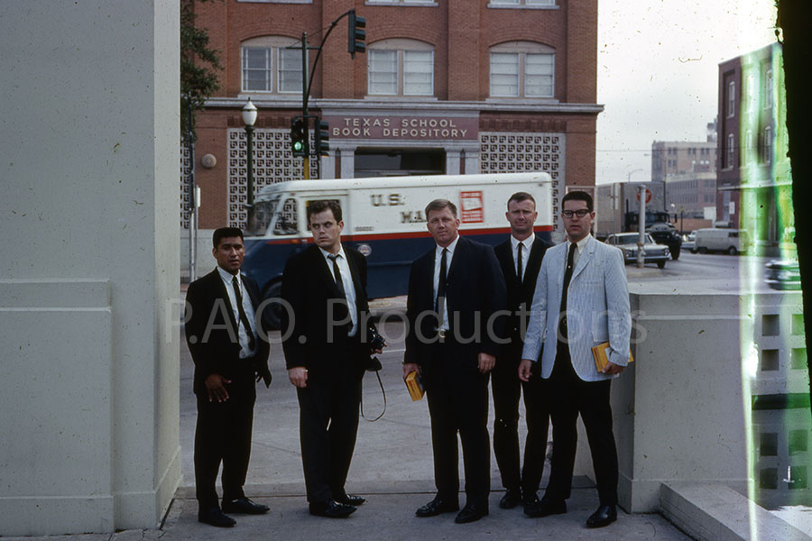 Reporters outside the Texas School Book Depository, 1966