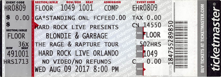 Blondie/Garbage concert ticket, August 9, 2017
