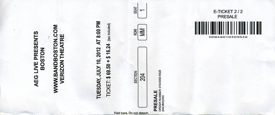 Boston concert ticket, July 10, 2012