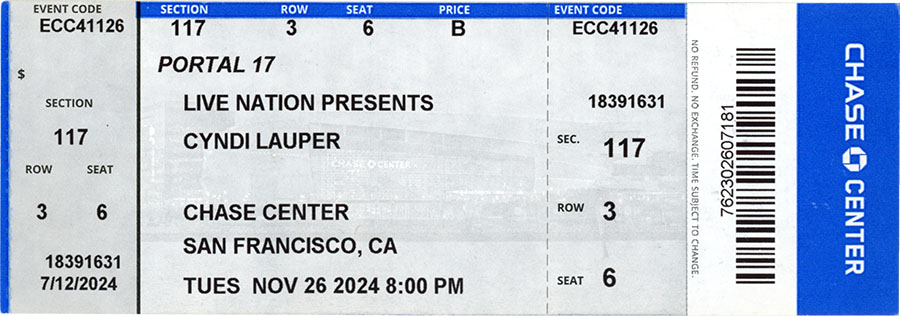 Cyndi Lauper concert ticket, November 26, 2024