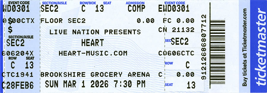 Heart concert ticket, March 1, 2026