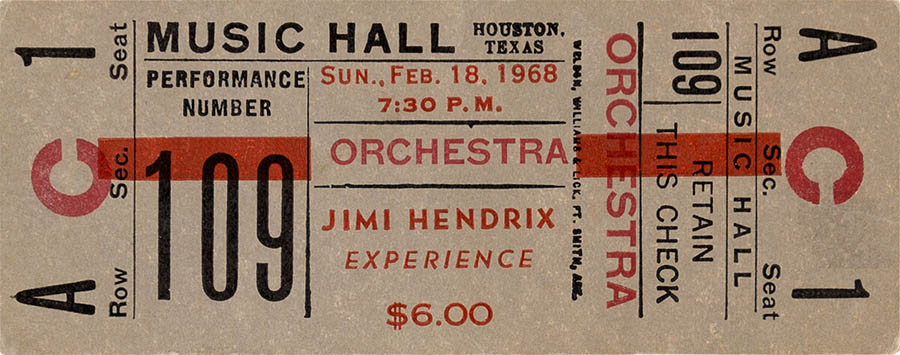Jimi Hendrix concert ticket, February 18, 1968