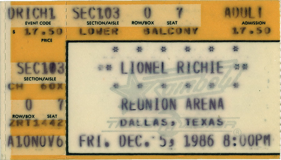 Lionel Richie concert ticket, December 5, 1986