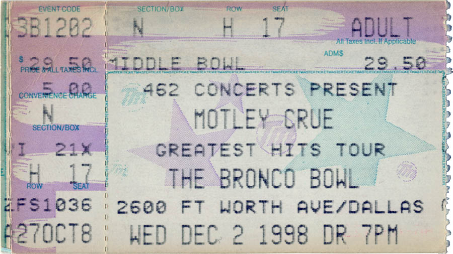 Motley Crue concert ticket, December 2, 1998