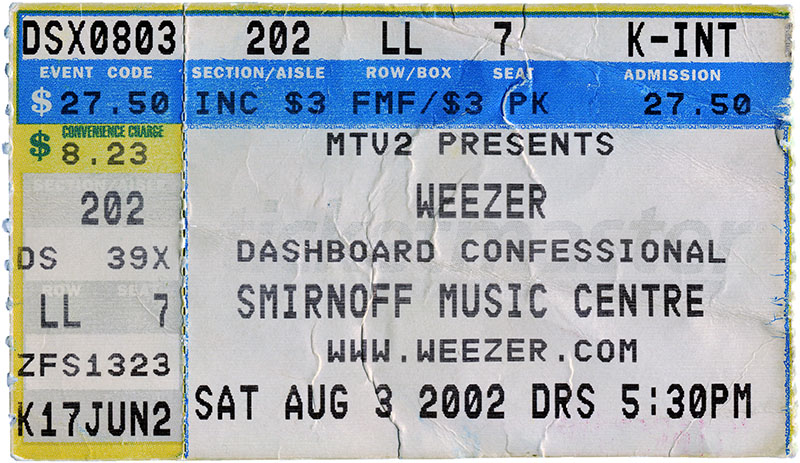 Weezer concert ticket, August 3, 2002